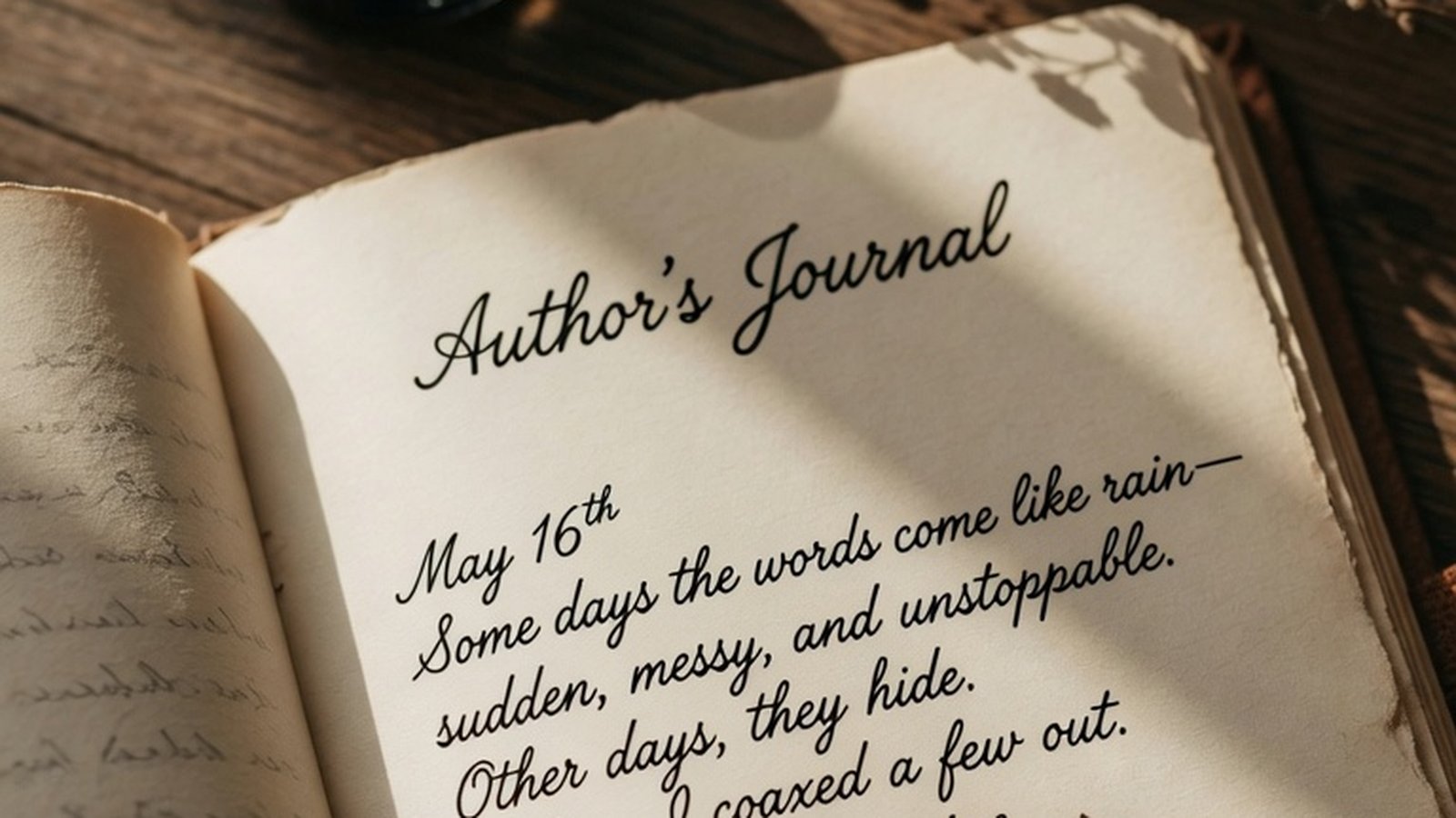 An open journal on a wooden desk, headed "Author's Journal" in cursive above a dated handwritten entry, with an ink bottle behind it