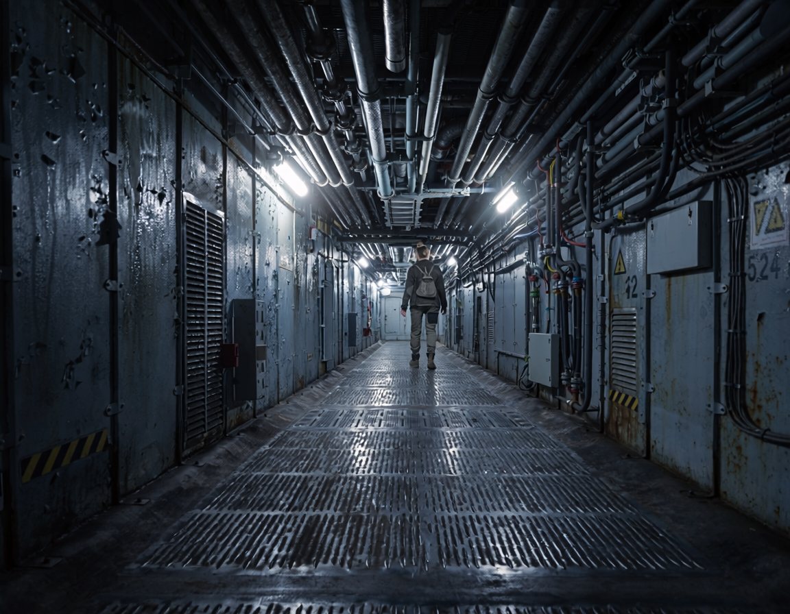 A dim industrial corridor aboard an aging space station, wet scuffed decking and exposed overhead conduit, a single figure walking away under harsh strip lighting