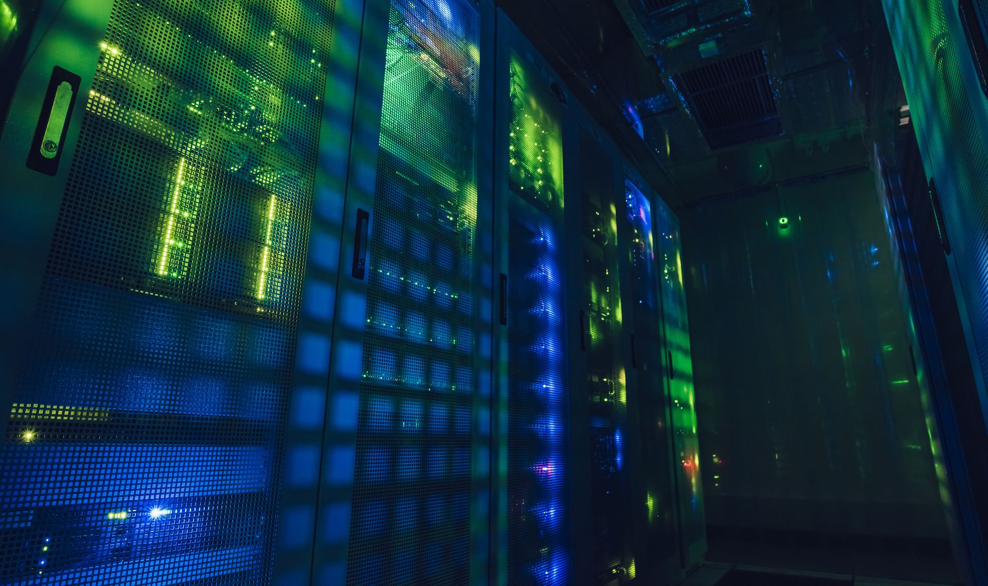 A glowing data centre interface