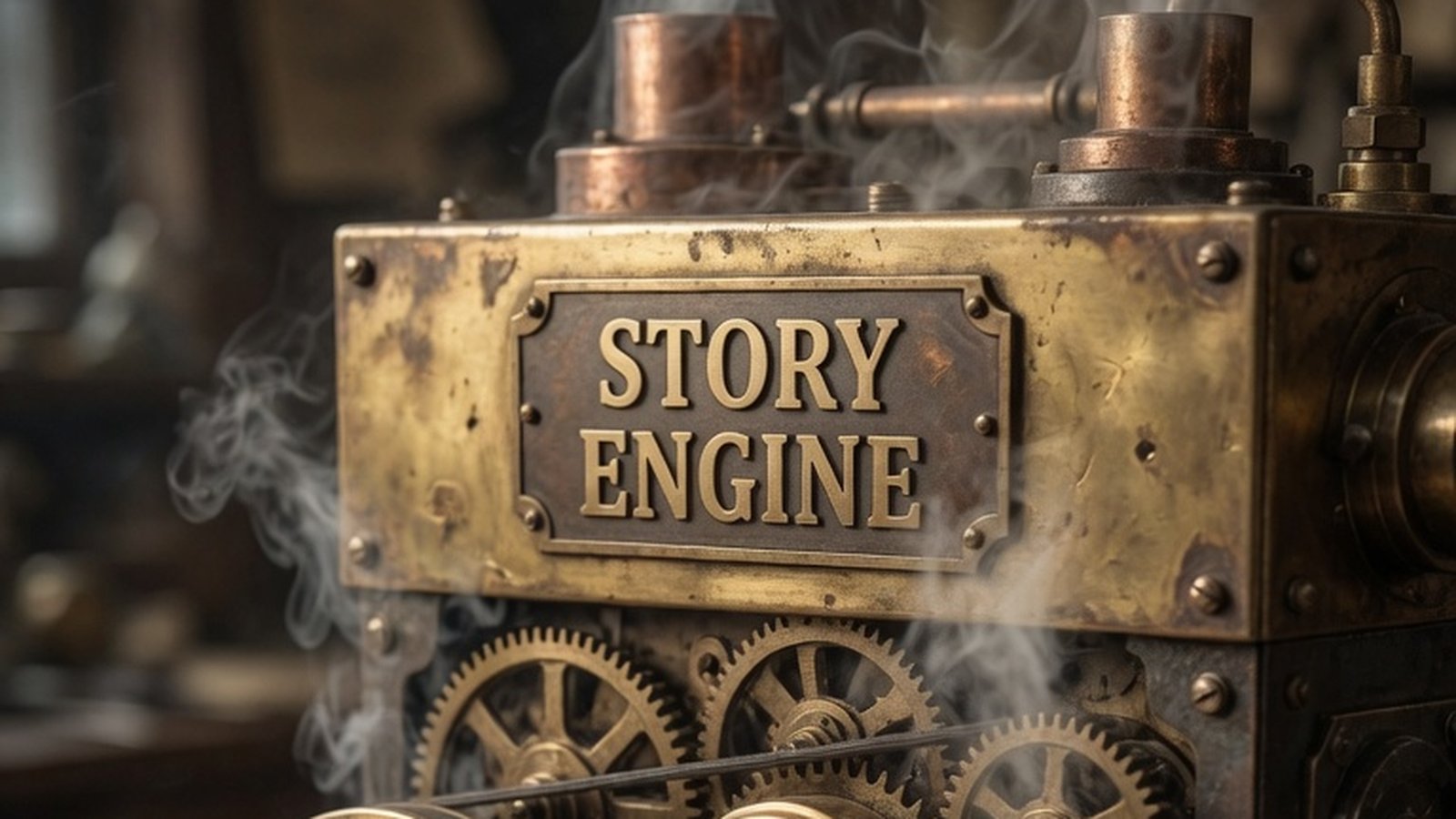 A brass machine with a riveted nameplate reading "Story Engine", gears turning below it and steam rising from its stacks