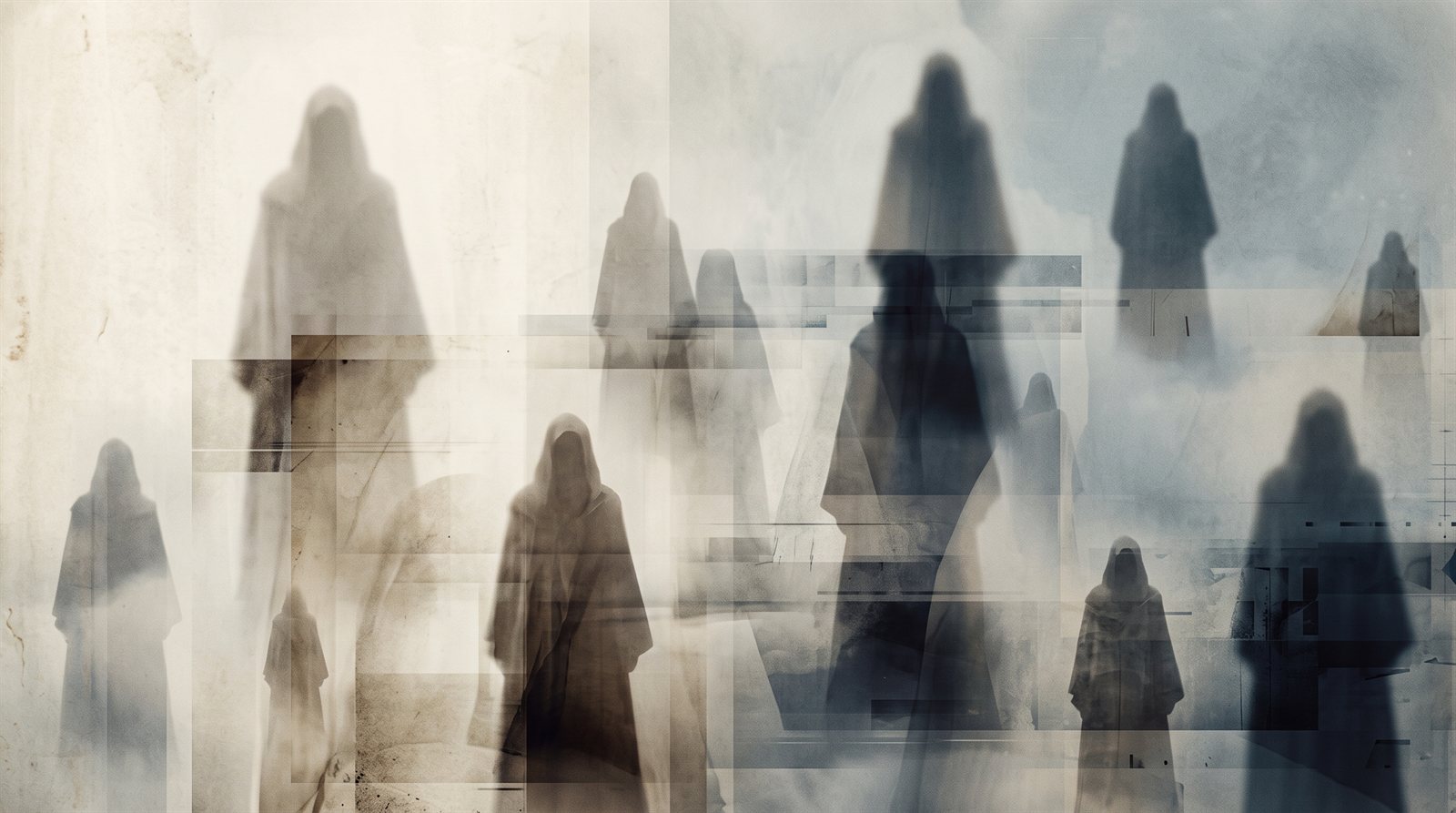 Overlapping translucent silhouettes of robed figures at different scales on a pale parchment ground, none of them in focus and none dominant