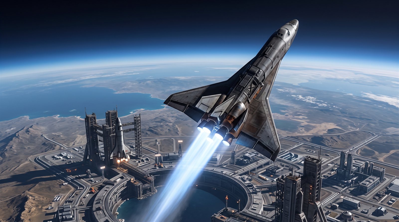 A slender winged craft climbing steeply away from a spaceport on a blue-white exhaust plume, the curve of the planet visible above the haze