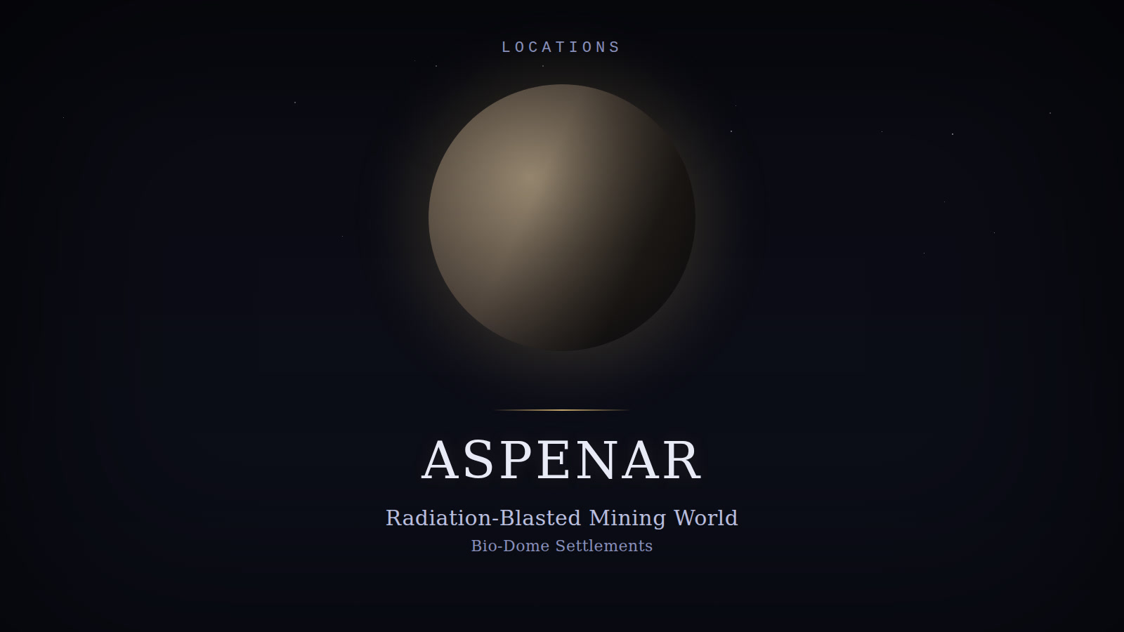 Designed cover for Aspenar: a barren grey-brown radiation-blasted planet disc with faint dome lights, on a starfield background.