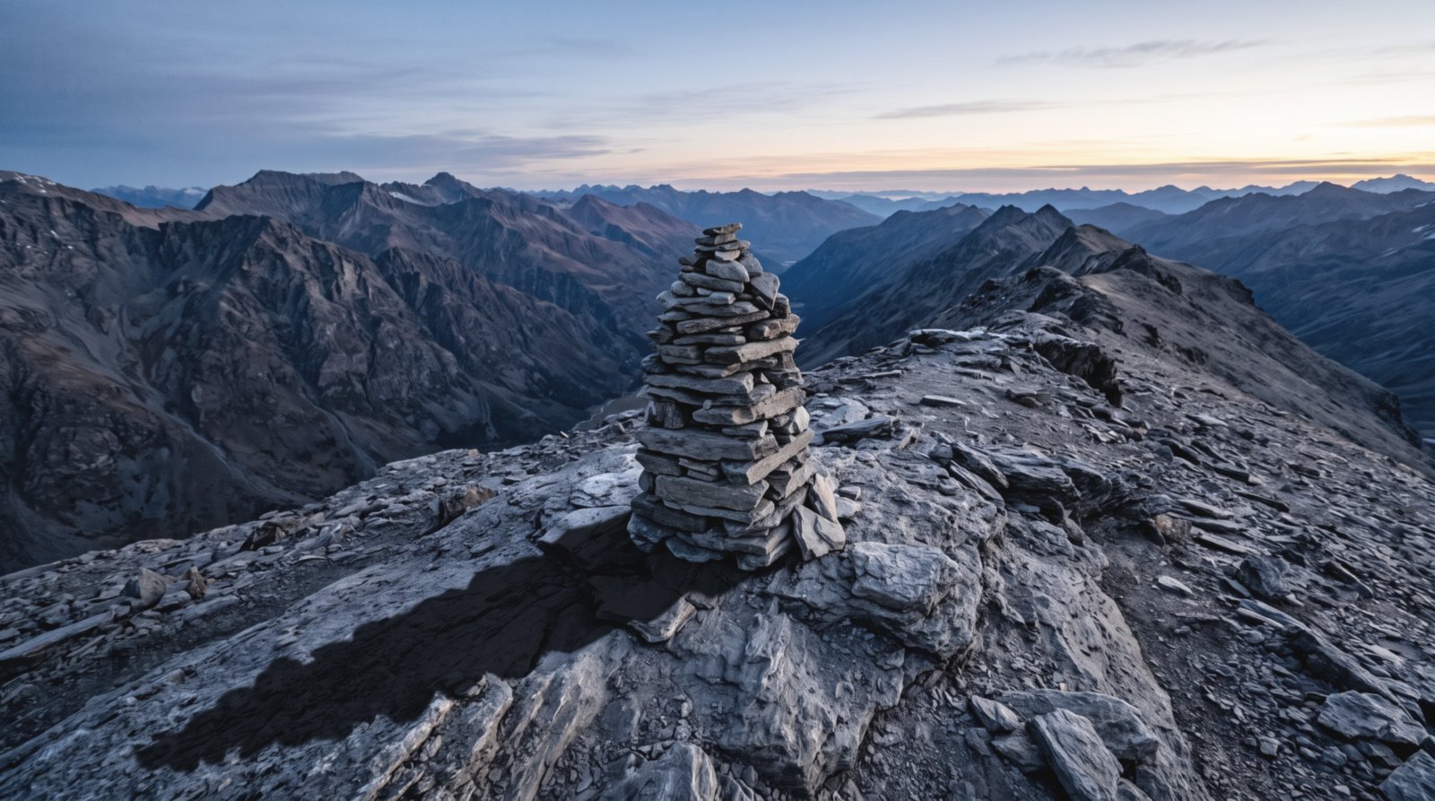 A tall dry-stone cairn on a bare summit ridge at dawn, ranges of mountains receding behind it under a clearing sky