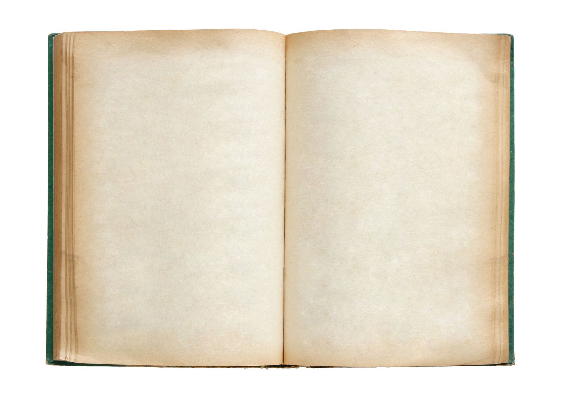 An old hardback book with a green cloth cover, lying open on a plain white background at a double spread of blank, age-yellowed pages.