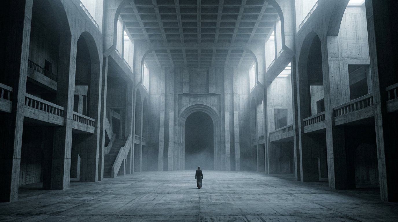 A vast brutalist assembly hall in cold light and fog, a single robed figure seen from behind at great distance walking toward an immense doorway
