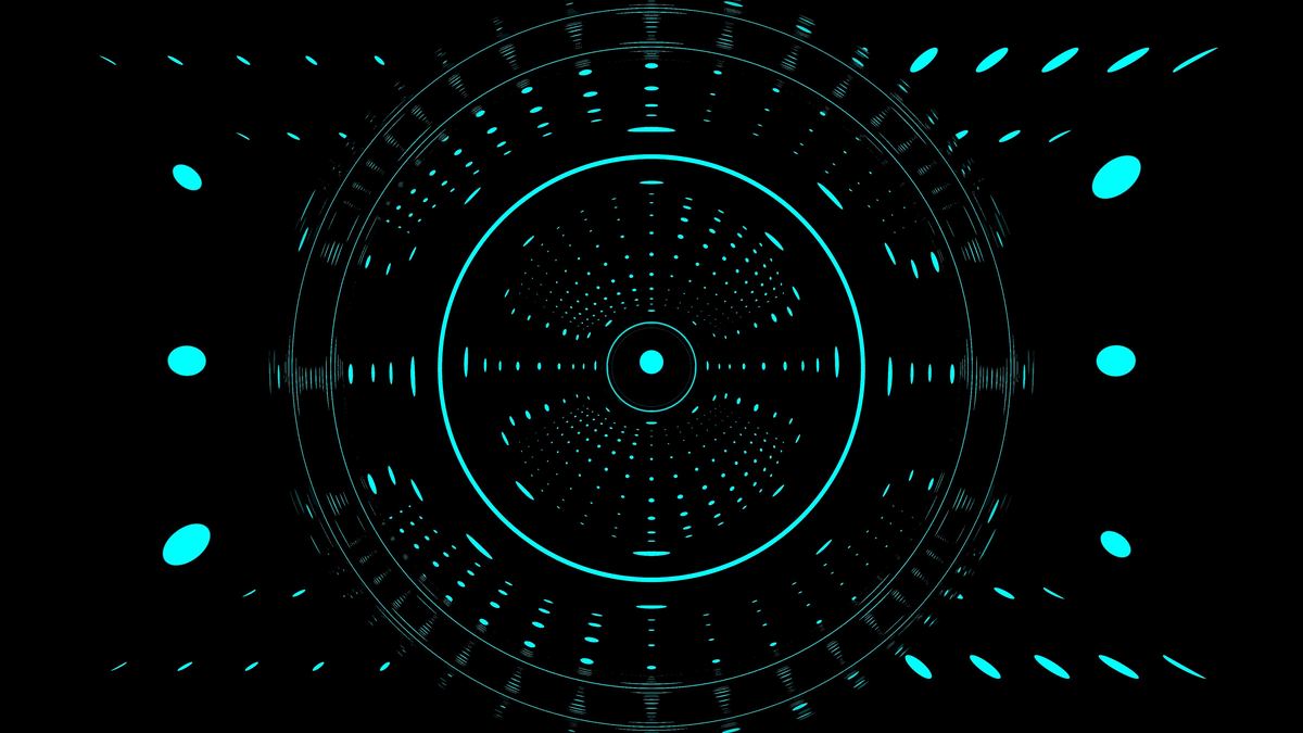 A symmetrical diagram in cyan on black: concentric rings around a single small central dot, filled with radiating dashes and dotted arcs, and a regular grid of small cyan ellipses spaced across the corners of the frame.