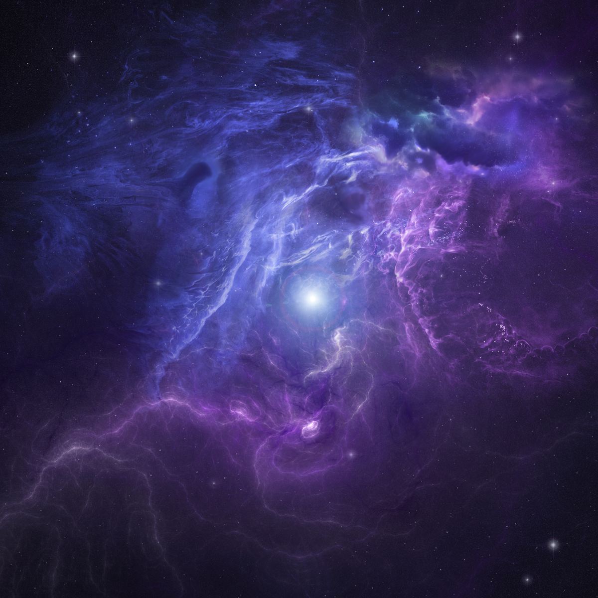 A deep-space scene in blue and violet: one small brilliant white point of light near the centre, ringed by a faint halo, with luminous filaments streaming past it and heavy purple cloud filling the lower half of the frame.