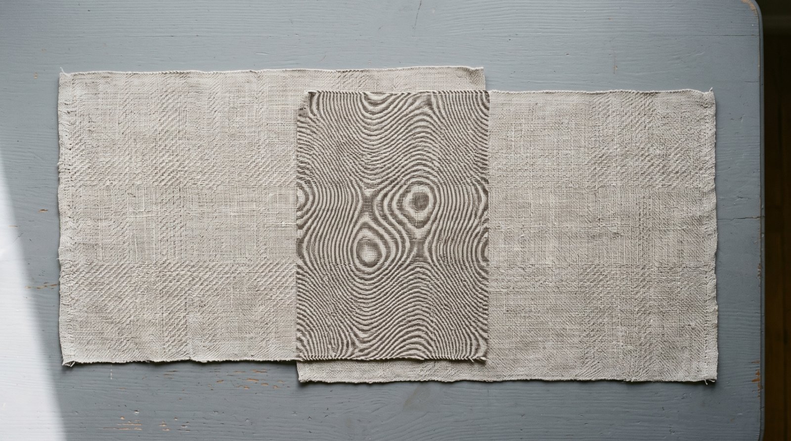 A length of plain woven cloth laid flat on a pale board in window light, a darker panel woven into its middle where the weave forms a moire of rings that the surrounding cloth does not