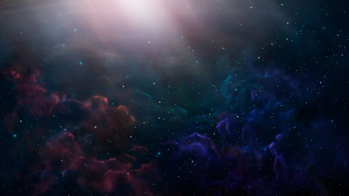 A painted deep-space field: a soft white-pink glow at the top of the frame, dusty rose-red cloud banked at the lower left and deep blue-violet cloud at the lower right, with scattered stars and small cyan points between them.
