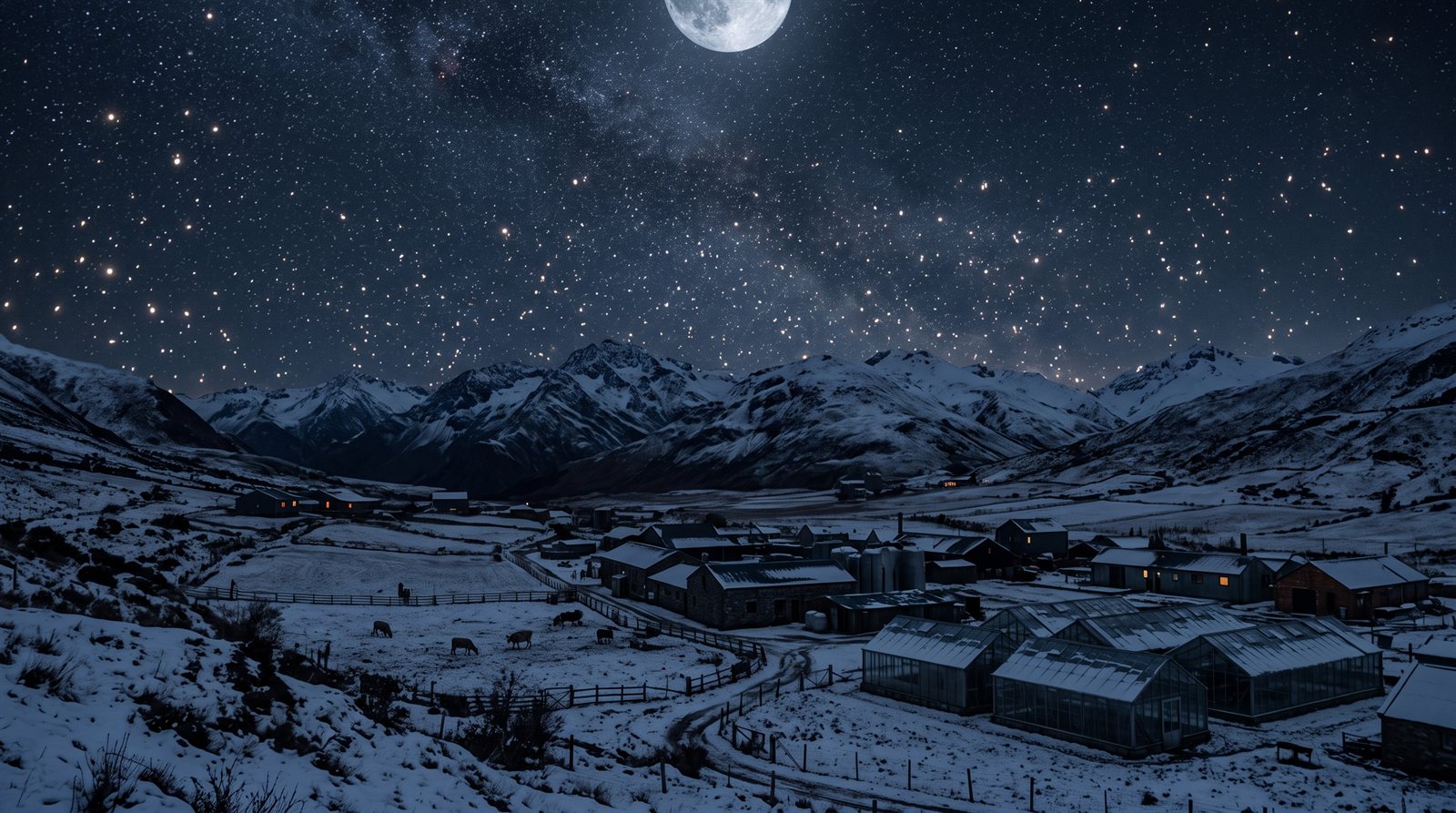 A snowbound valley settlement on Drithane at night under an enormous starfield and a low bright moon: stone farm buildings, glasshouses, fenced paddocks with stock, a track winding between them, and a few warm lit windows against the snow.
