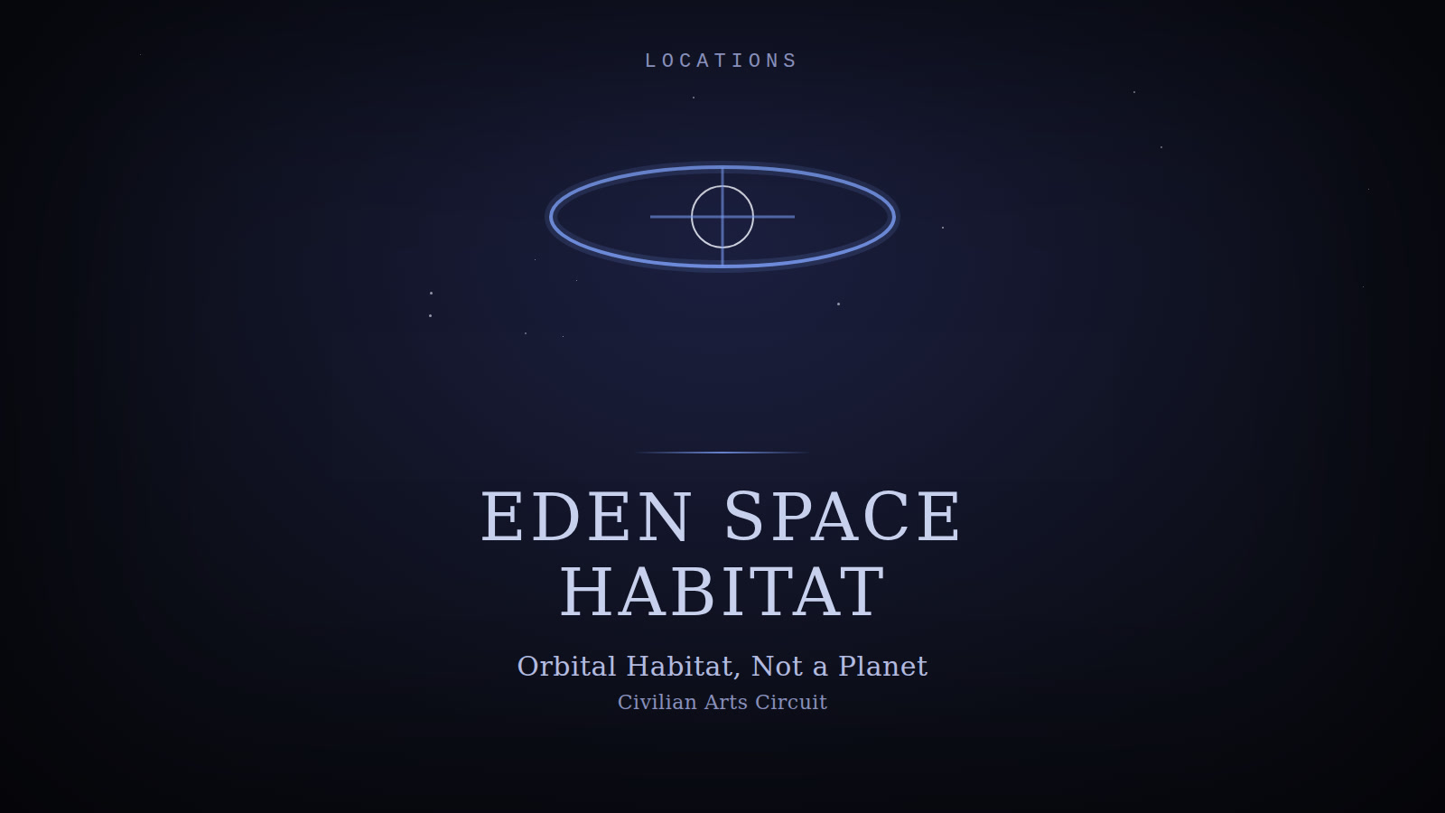 Designed cover for Eden Space Habitat: a blue orbital ring/station emblem on a dark starfield background, not a planet.