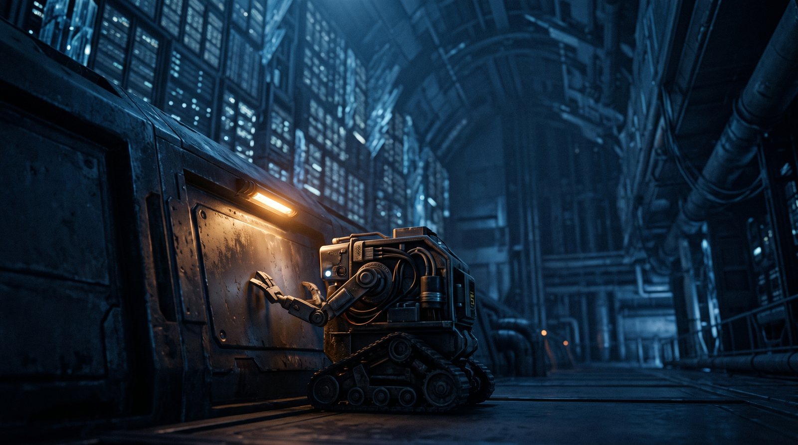 A small tracked robot chassis resting against a corridor bulkhead in the lit foreground, with racks of equipment receding into blue shadow behind it