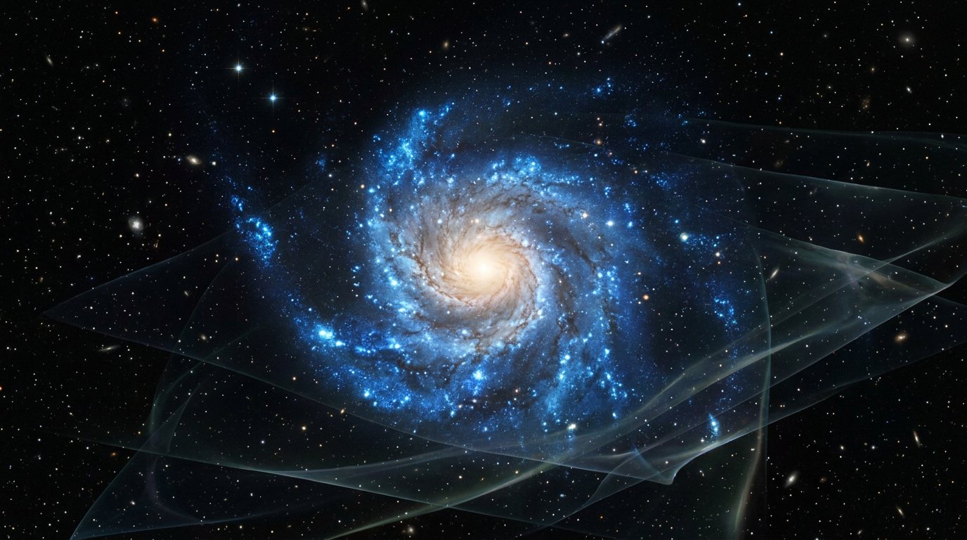 A luminous blue spiral galaxy seen face-on, with faint translucent planes of light layered across it suggesting depth strata