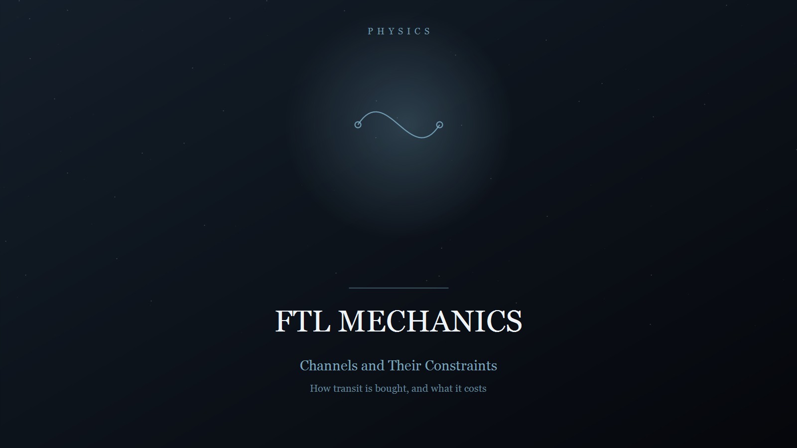 Designed title card on a dark blue-black star field: the category PHYSICS in spaced capitals at the top, a faint glow behind a thin line drawing of a single wave running between two small circles, and below a rule the title FTL MECHANICS in pale serif capitals, subtitled 'Channels and Their Constraints' and 'How transit is bought, and what it costs'.