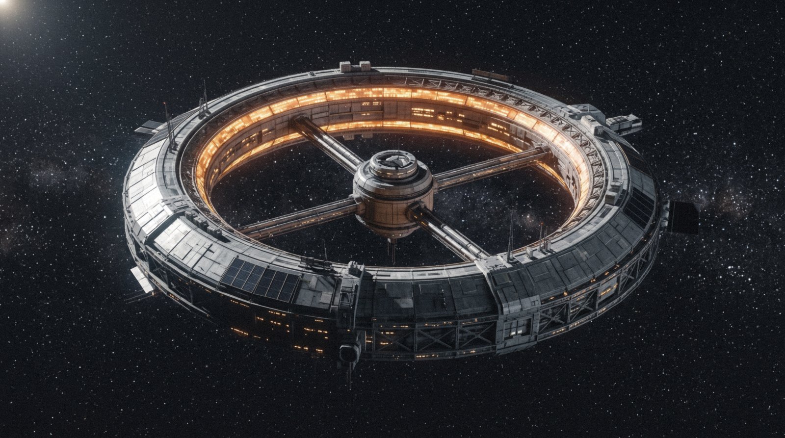 A ring habitat of plain grey hull with a central hub and four spokes, seen from a little way off against the dark, a band of warm windows along the ring