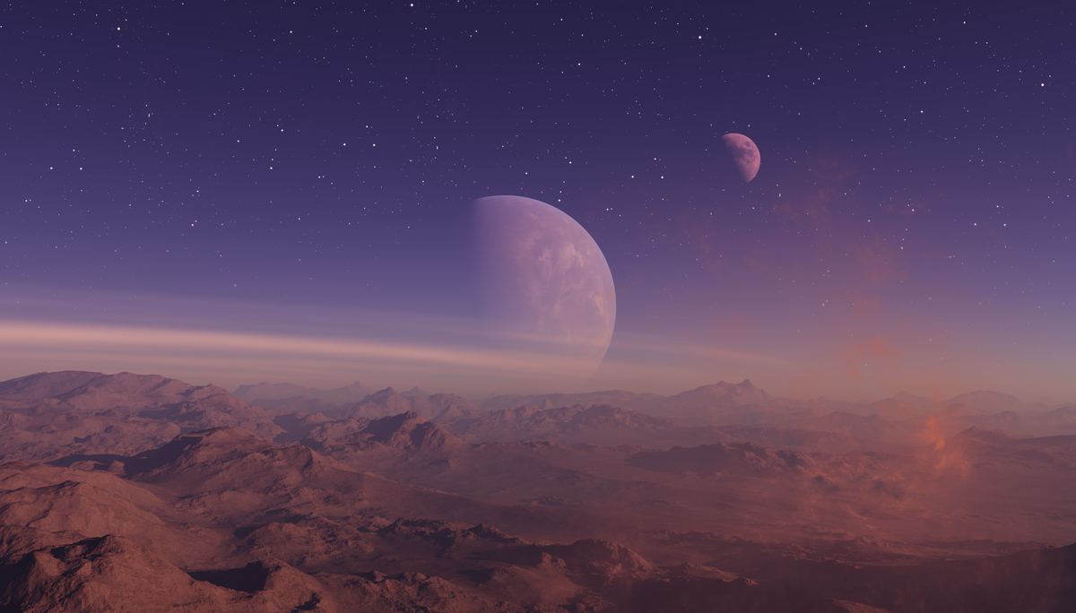 A rendered fantasy landscape of an alien planet