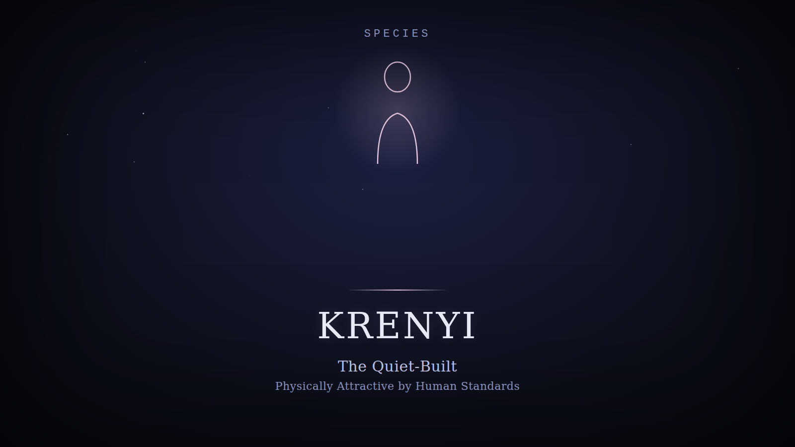 Designed cover for Krenyi (Quiet-Built): an elegant pale humanoid silhouette on a dark starfield background, not a grey alien.