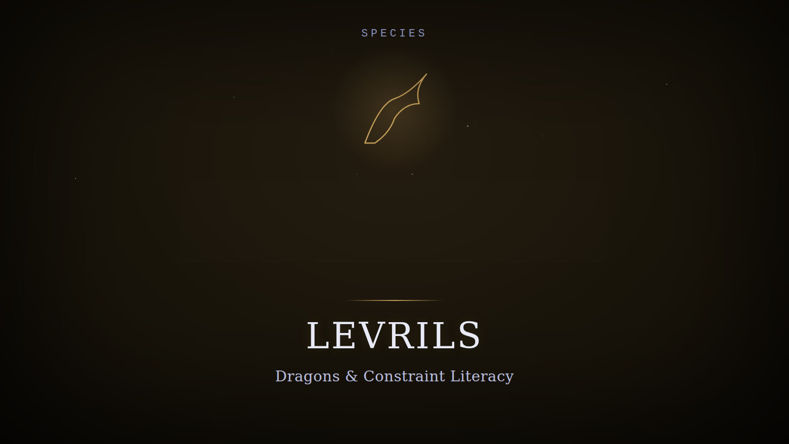 Designed cover for Levrils: a gold dragon-wing silhouette on a dark background, evoking dragons and constraint literacy.