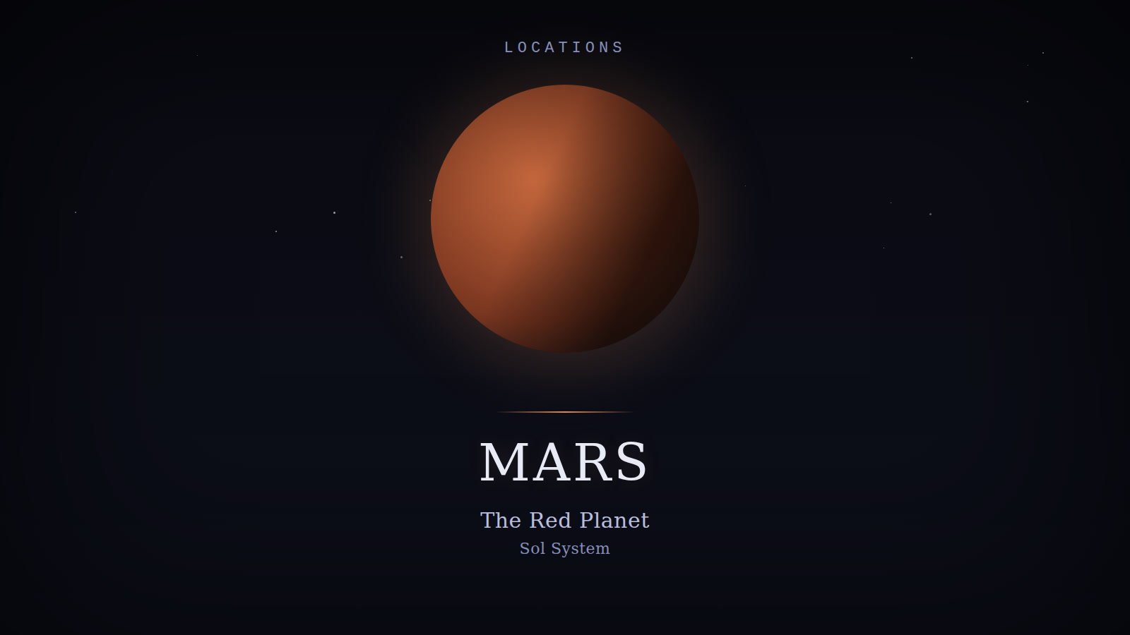 Designed cover for Mars: a rust-red planet disc with a dark terminator shadow, on a starfield background.