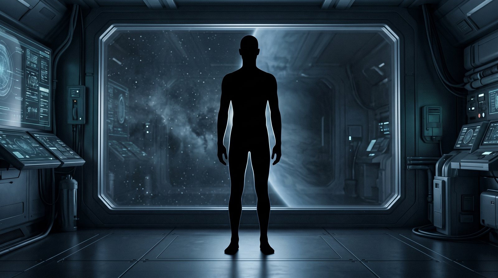 A tall humanoid figure rendered as an absence of light rather than an object, standing before a window in an instrumented chamber