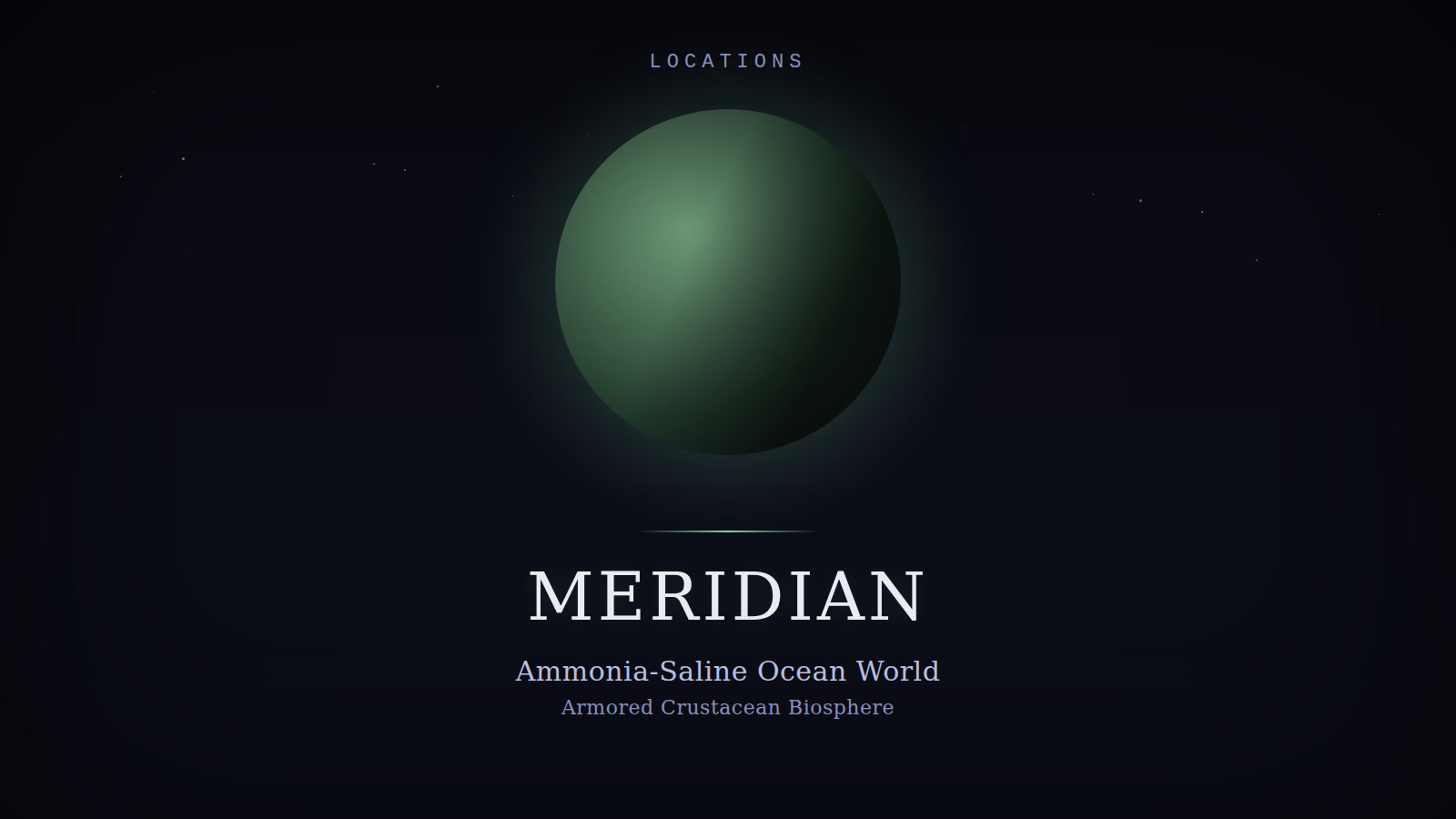 Designed cover for Meridian: a sickly green ammonia-saline ocean world disc, on a starfield background.