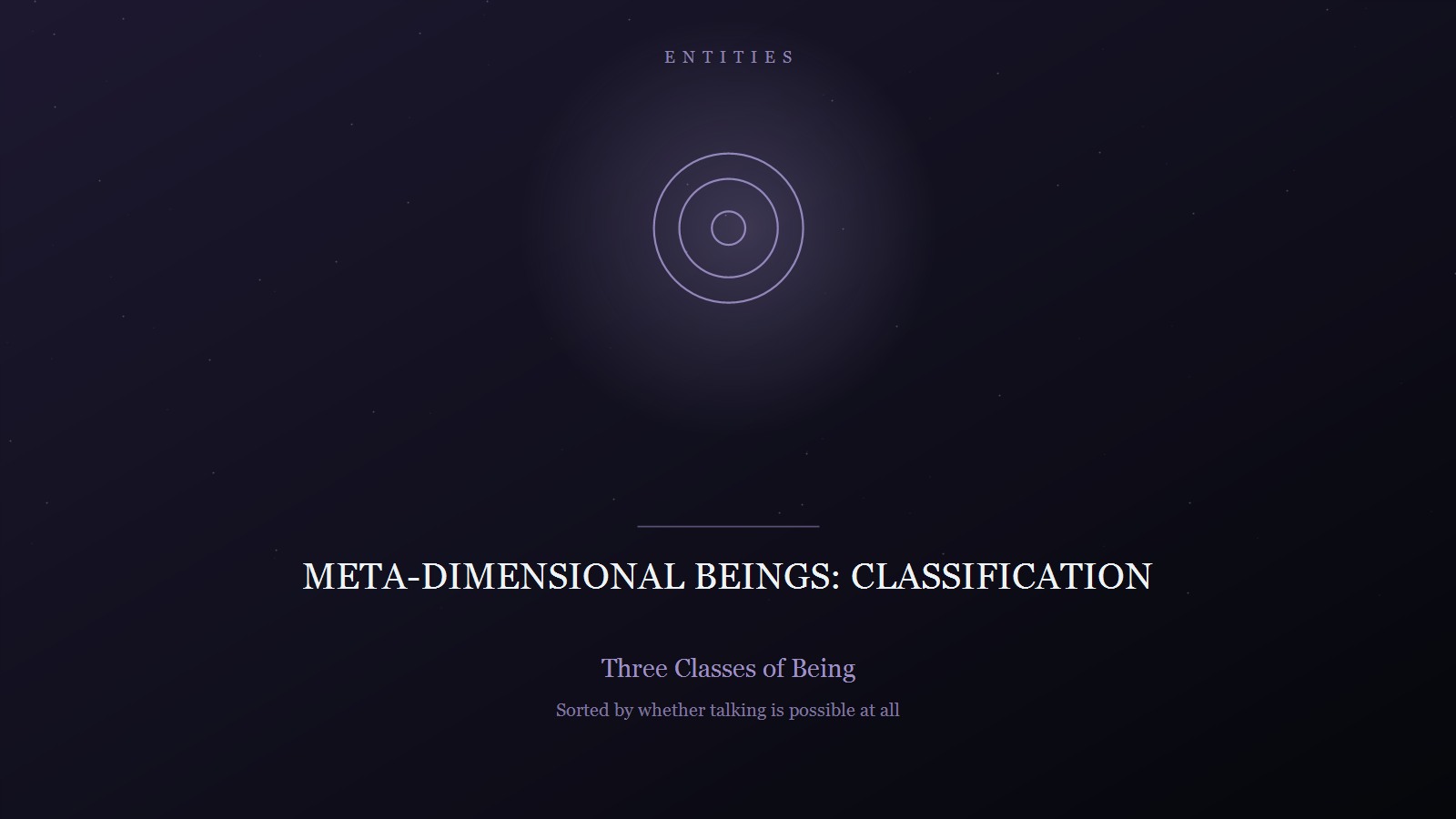 Designed title card on a dark violet star field: the category ENTITIES in spaced capitals at the top, three concentric circles held in a soft glow, and below a short rule the title META-DIMENSIONAL BEINGS: CLASSIFICATION in pale serif capitals, subtitled 'Three Classes of Being' and 'Sorted by whether talking is possible at all'.