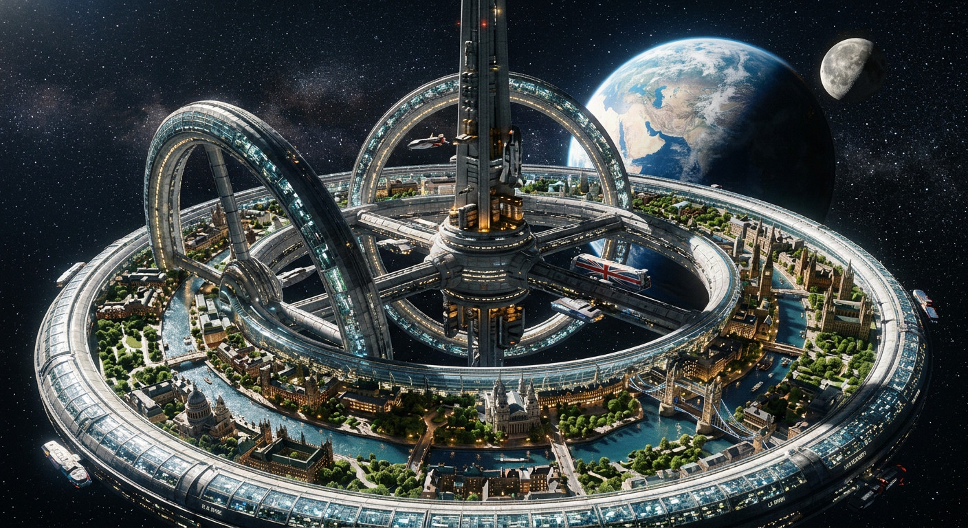 Three interlocking rings around a tall central spire on radial spokes. The widest ring carries a lamplit city — a domed cathedral, a gothic clock tower, and a twin-towered bridge over a winding waterway, among parkland. Earth and a crescent Moon hang beyond.