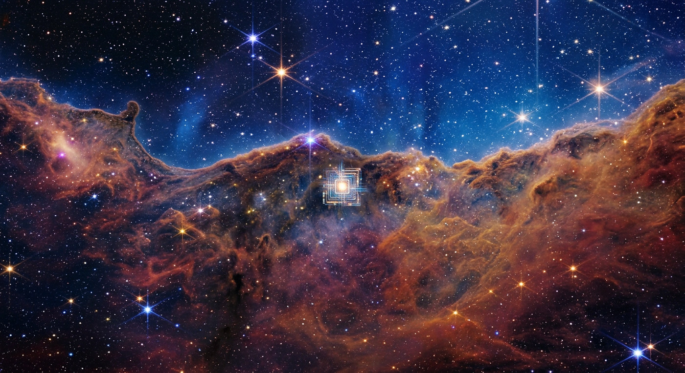 A deep star field above towering rust-and-gold nebula cliffs, thick with bright stars, and at the centre a small glowing circuit-like structure of concentric squares embedded in the gas — a seed mind set into the material of a young universe