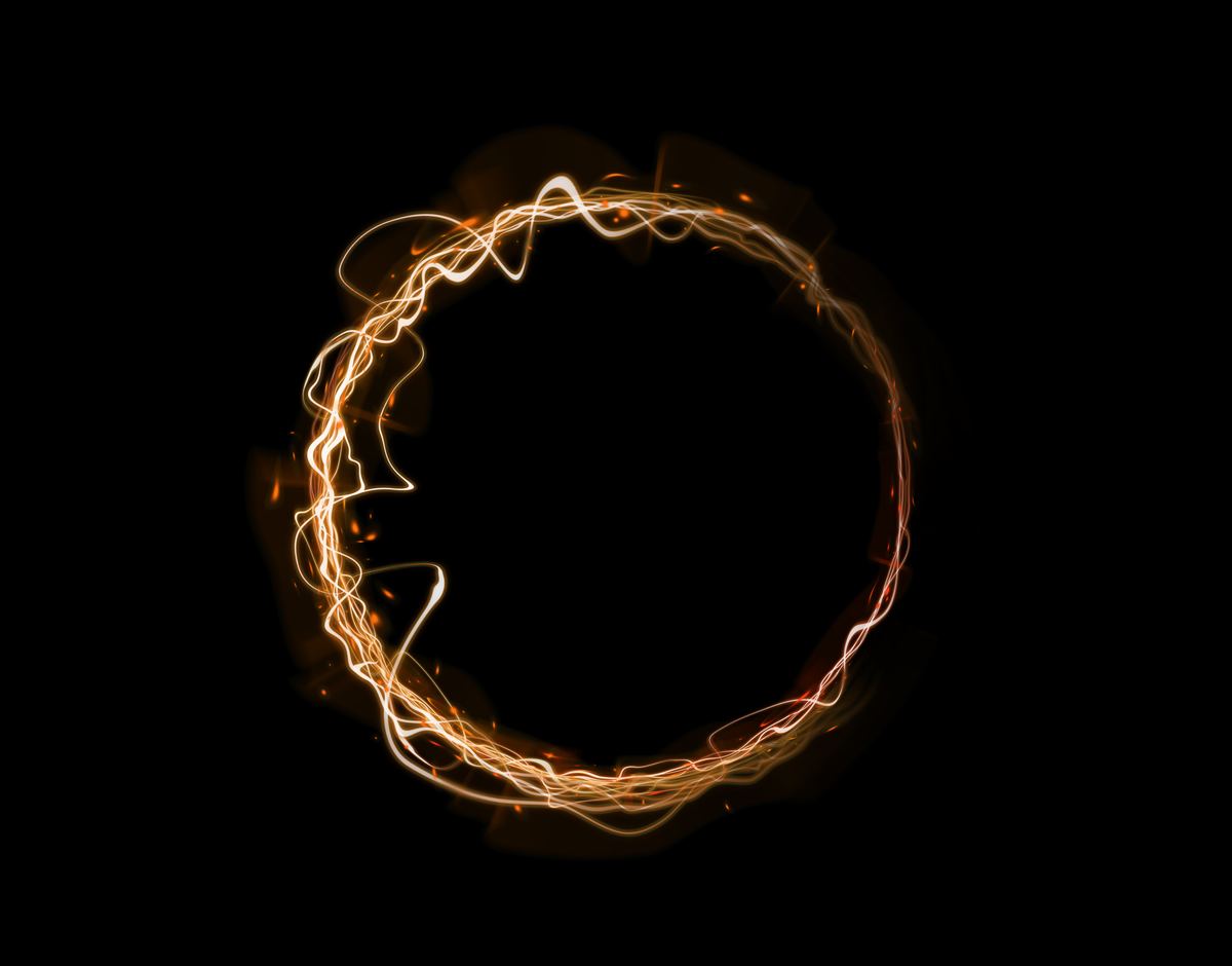 A rough circle traced in orange and white light trails against pure black, the strands tangling and doubling back on themselves with small sparks thrown off along their length, the ring left open on one side.