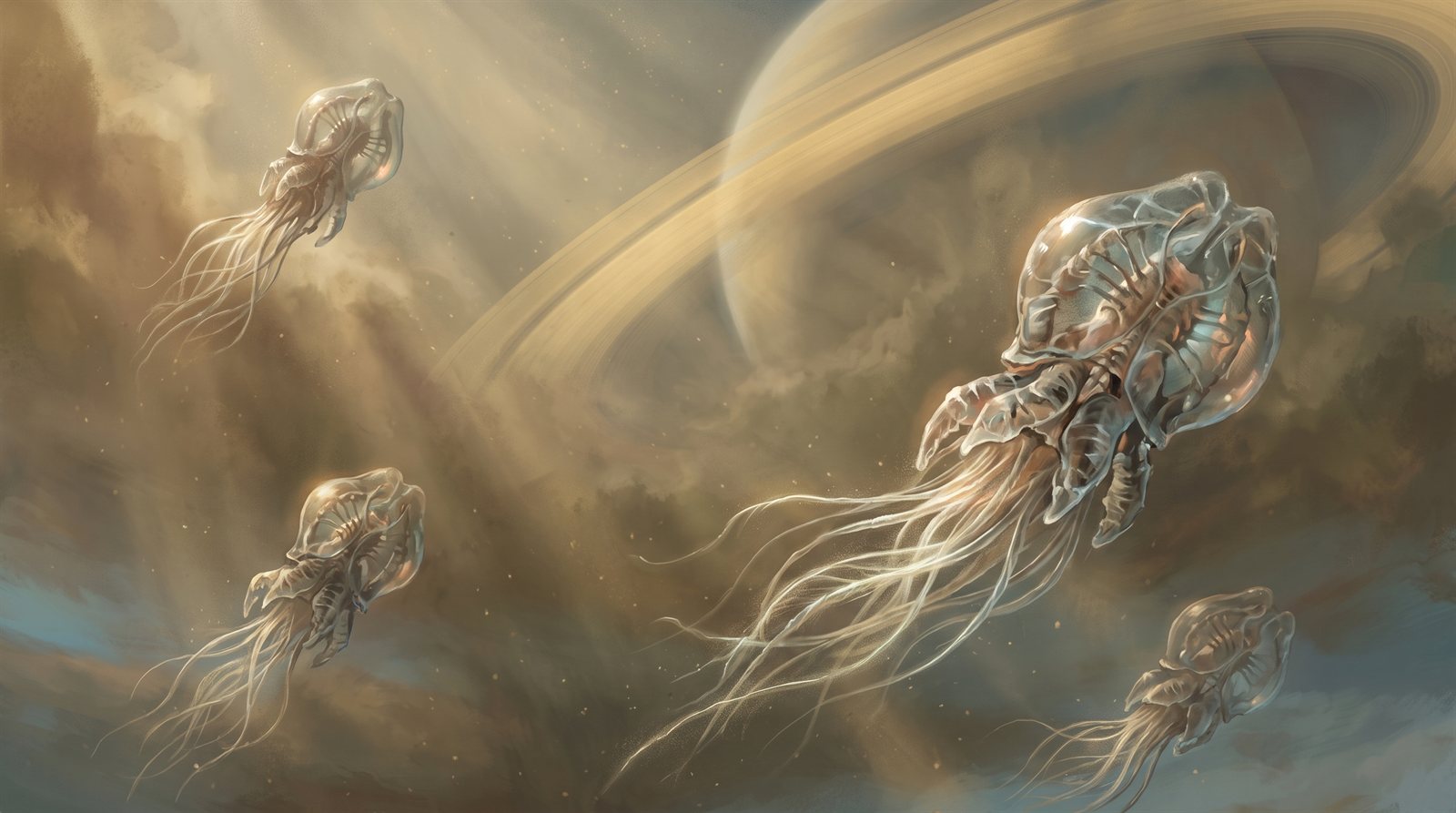 Translucent gas-bladder animals drifting high on a thermal in a particulate-thick golden sky, seen from below, trailing long luminous feeding tendrils, with a planetary ring arcing overhead.