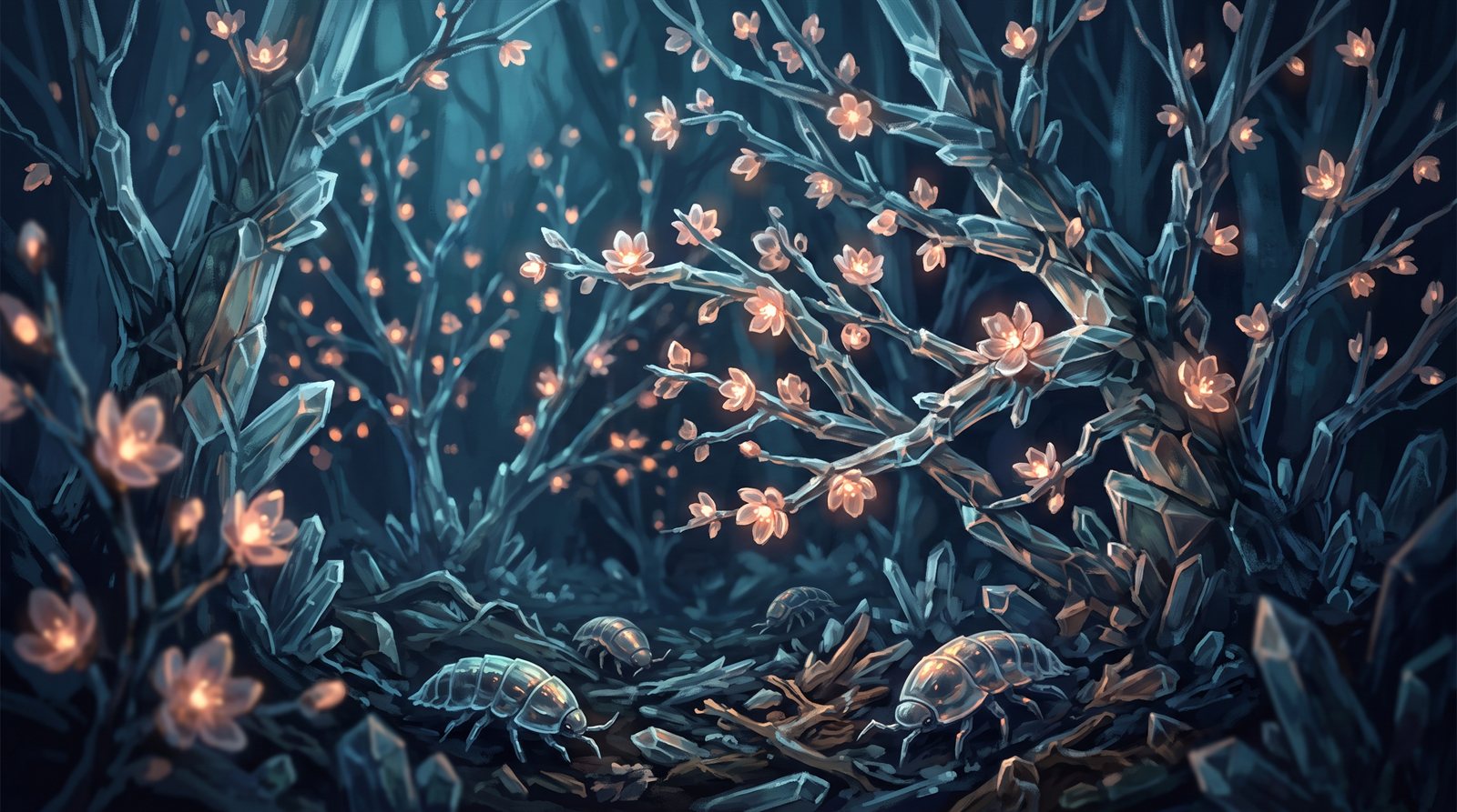 The same crystalline forest at full night, in flower: translucent blossoms lit from within in warm amber and rose along blue-black branches, and a few small armoured many-legged foragers on the crystal-strewn ground.