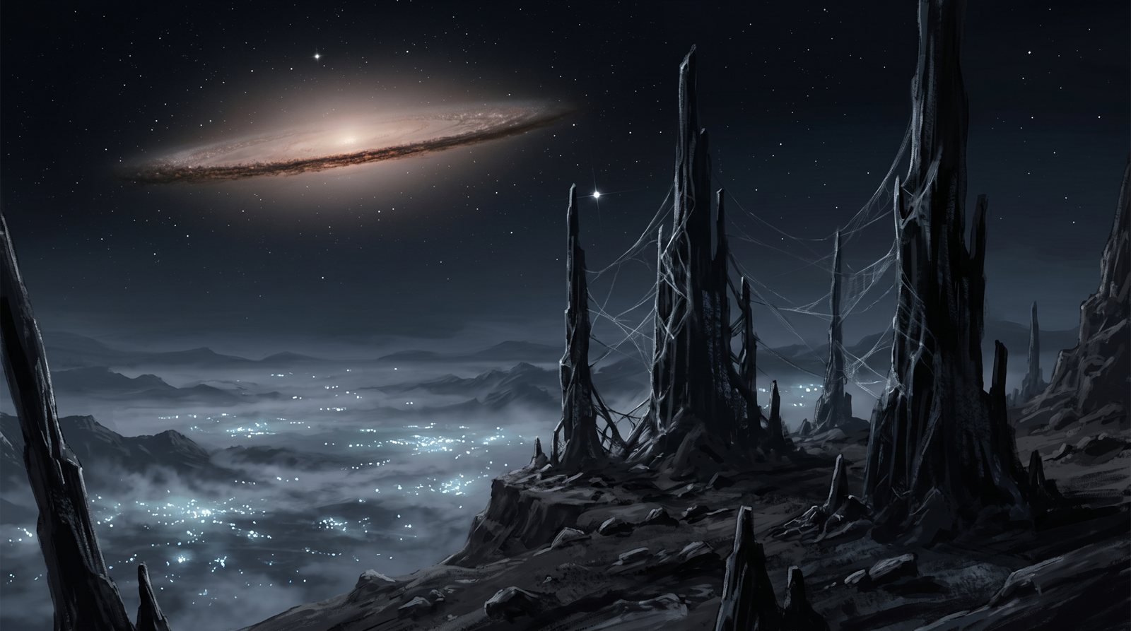 Tall dark fused-glass spires on a bare high ridge above a sea of faint mist, unlit from within, under a night sky with a distant edge-on galaxy, and no glowing forest anywhere near them.