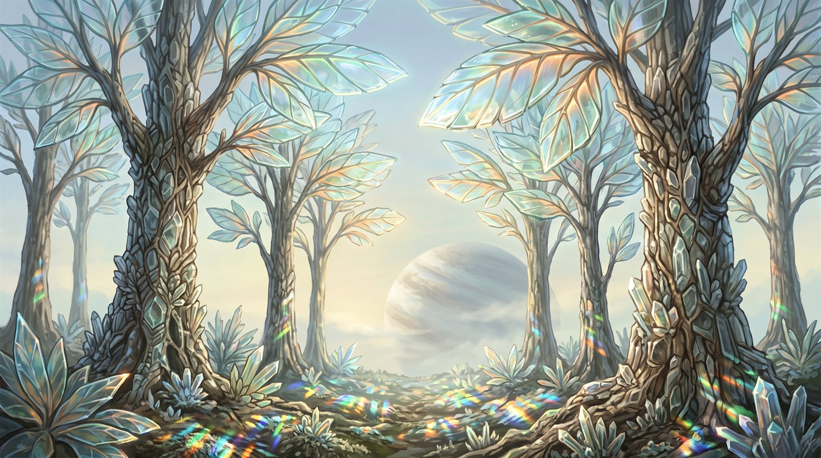 A daylit stand of trees with translucent crystalline bark and broad glass-like leaves, each leaf catching the pale light and throwing rainbow refractions across the ground, with a banded gas giant low on the horizon between the trunks.