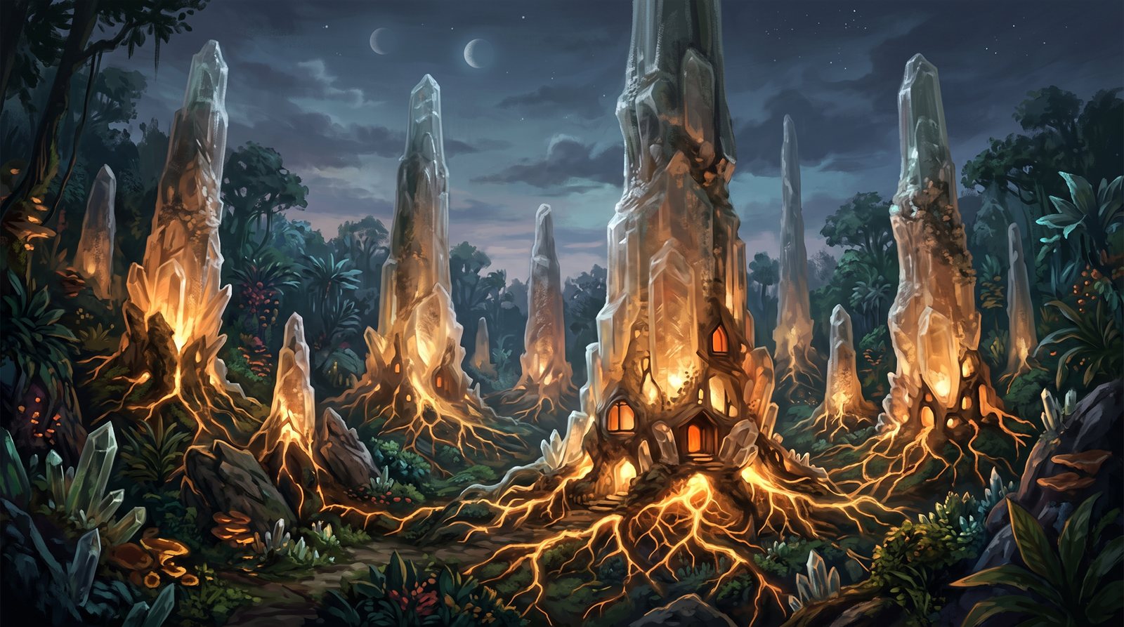 A colony of tapering mineral towers rising from a night forest floor, each lit from deep inside with amber light brightest at the base, glowing roots spreading from their feet into the ground, a small moon and stars above.