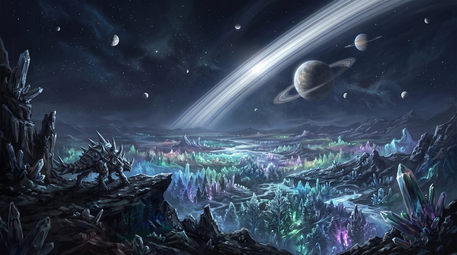 A wide night vista of a crystalline world from a rocky ridge: a broad planetary ring plane slants across the sky past two ringed worlds and a scatter of small moons, and far below the crystal forest glows in washes of green, blue and violet; a small armoured, spike-shelled grazer stands at the ridge edge at left for scale.