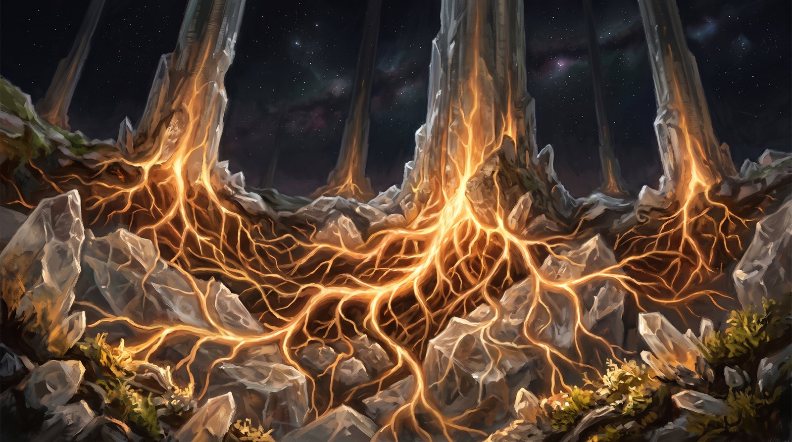 Low to the ground at night: a network of warm amber light running in veins through translucent crystalline soil and rock, converging towards the bases of dark crystal towers rising against a star field.