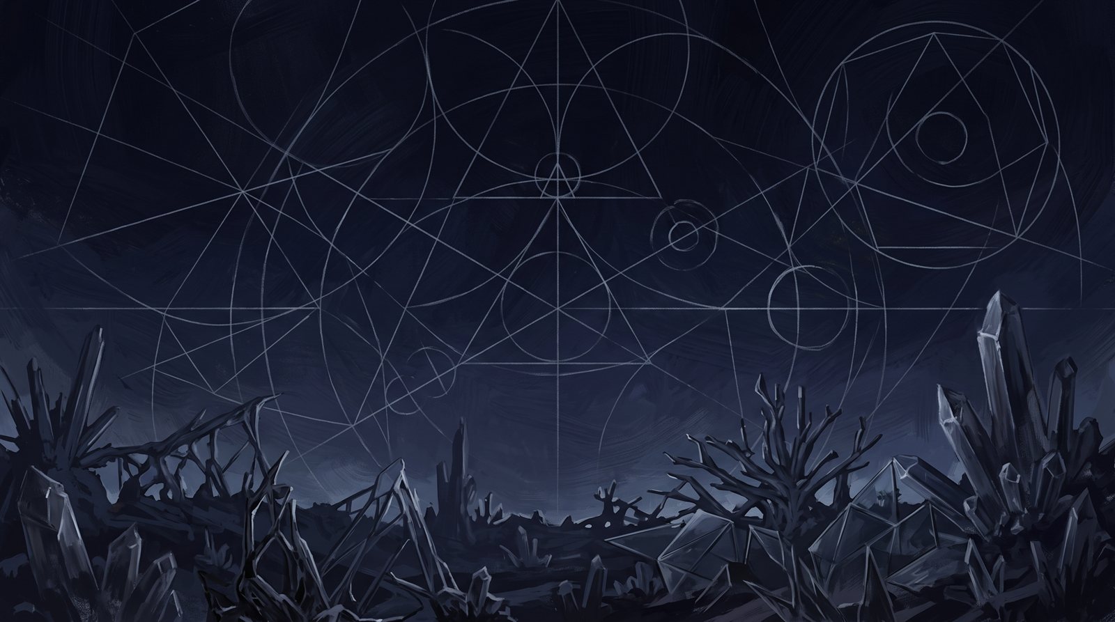 A night sky above a dark crystalline landscape, traced across its whole width with faint, precise geometric figures: straight lines, arcs and closed polygons in pale thread-like light, no aurora and no creature, over a low horizon of bare crystal spires.