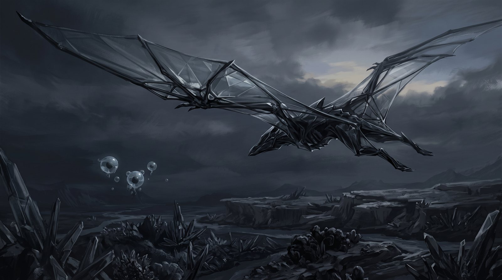 A large silent gliding predator with a broad, taut, glass-veined wing structure riding a dusk thermal in a dim grey sky, seen from below and behind, three small drifting gas-bladder animals below it and a dark crystal plain beneath.