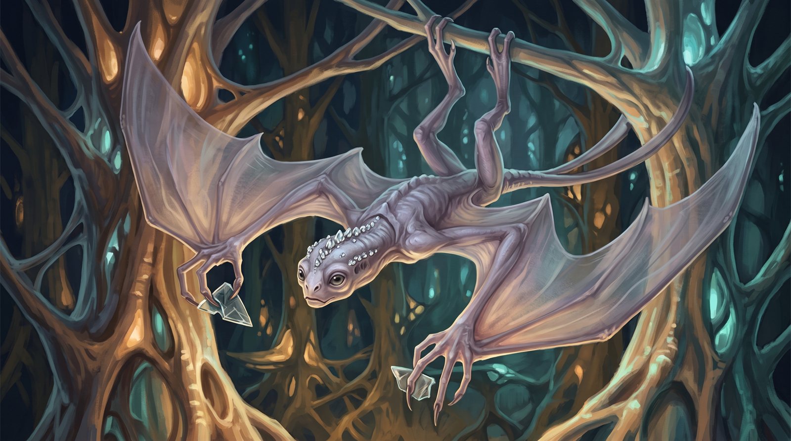 A First Wings Prismeri hanging inverted from a lumenspire by its long-toed hind feet inside a glowing settlement at night: a slender, light-boned flier with a level spine, translucent gossamer wing membranes stretched from an elongated outer digit to the hind legs, three free clawed fingers at each wing's leading edge working a small piece of shaped glass, a soft grey-violet exoskeleton, two large forward eyes set low and a band of small crystalline facets along the skull ridge; the spire's shaped structure glows amber and blue-green around it.