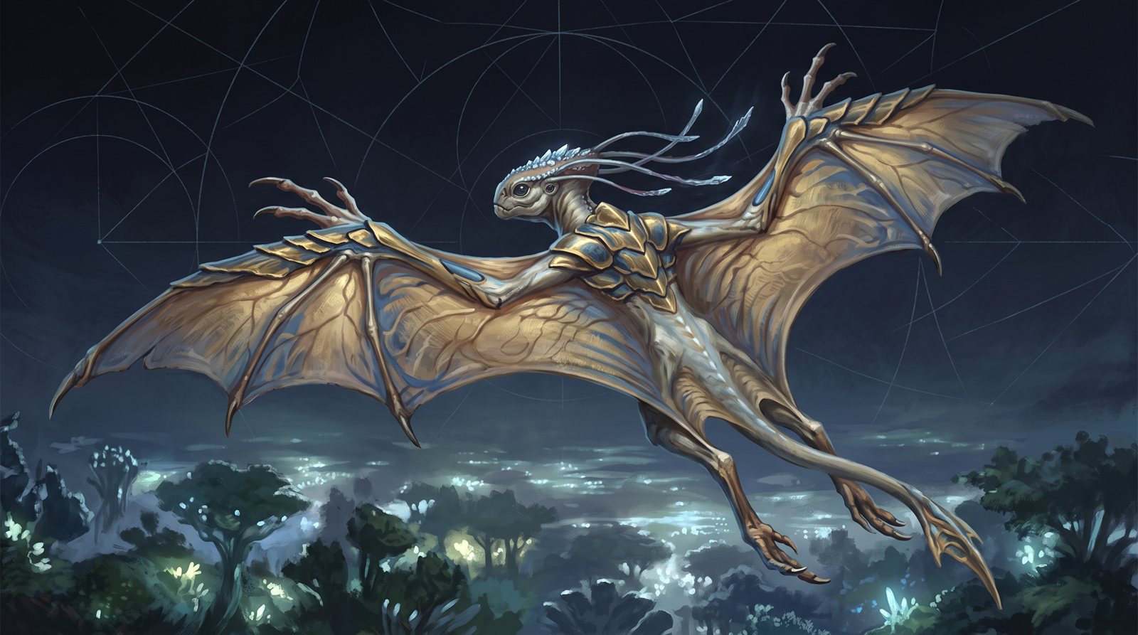 A Full Wings Prismeri in flight above the glowing forest at night, seen from slightly below and behind: a long, level-spined flier plated in hardened gold-and-blue chitin, broad load-bearing wing membranes spread wide with three free clawed fingers at each leading edge, long crystalline sensory tendrils streaming back from the skull ridge, hind legs trailing; the faint precise lines and arcs of the Lattice traced across the sky around it.