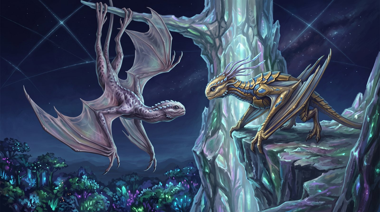 Two Prismeri meeting on a lumenspire at night, equals with their heads at the same height: a First Wings form, grey-violet with gossamer wings, hanging inverted from the spire by its hind feet; a Full Wings form, gold-and-blue plated with crystalline tendrils from the skull ridge, perched on all four limbs on the spire's ledge with wings folded; faint geometric lines of the Lattice in the sky behind them and the glowing forest below.
