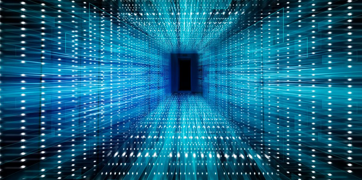 A tunnel of streaming data rendered in cyan and white: lines and points of light converging from all four walls toward a small dark rectangular opening at the centre of the frame, the perspective pulling the viewer toward it.
