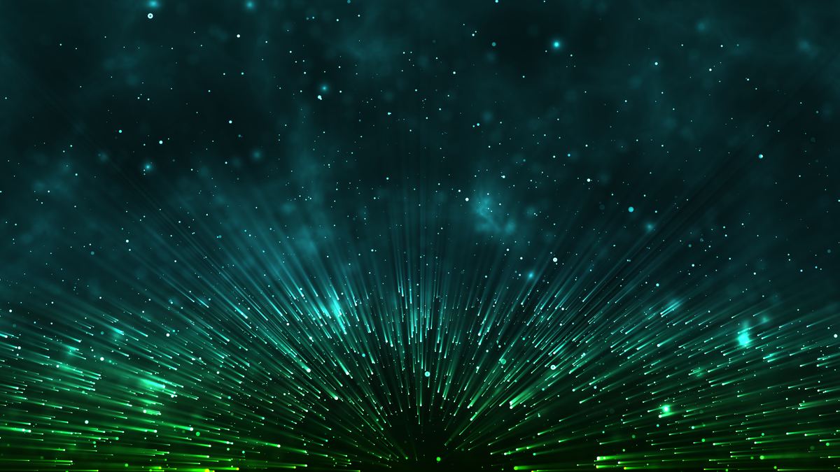 A fan of fine green and teal light rays radiating upward and outward from a single point at the bottom of the frame, brightest and most crowded at the base, thinning into scattered points of light against a dark teal field.