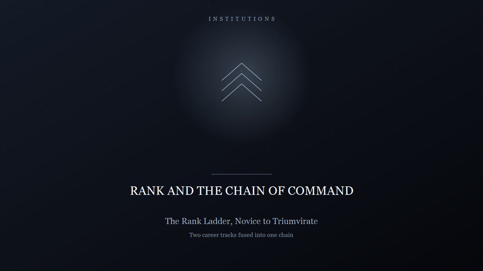 Designed cover for Rank and the Chain of Command: three stacked chevrons in a pale blue glow on a dark navy field, the category INSTITUTIONS above and the title beneath, with the lines The Rank Ladder, Novice to Triumvirate and Two career tracks fused into one chain.