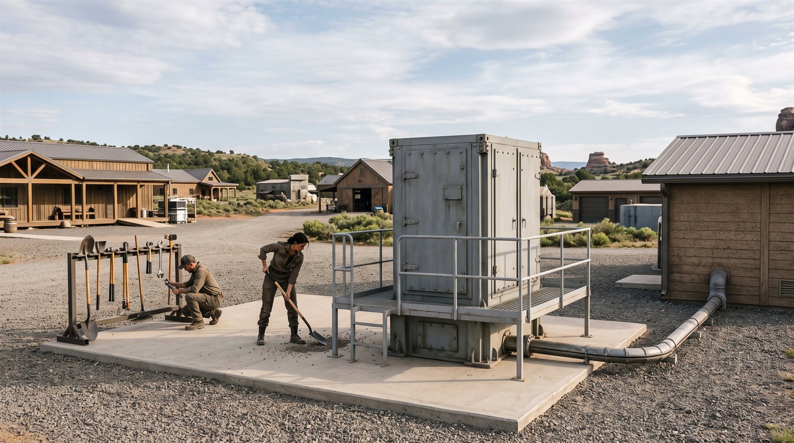 A frontier settlement of timber barns and a gravel yard under a wide pale sky. Two people work at a concrete pad where a plain grey fusion unit stands behind a railing, its pipework running off to a nearby building; a rack of hand tools stands beside them.
