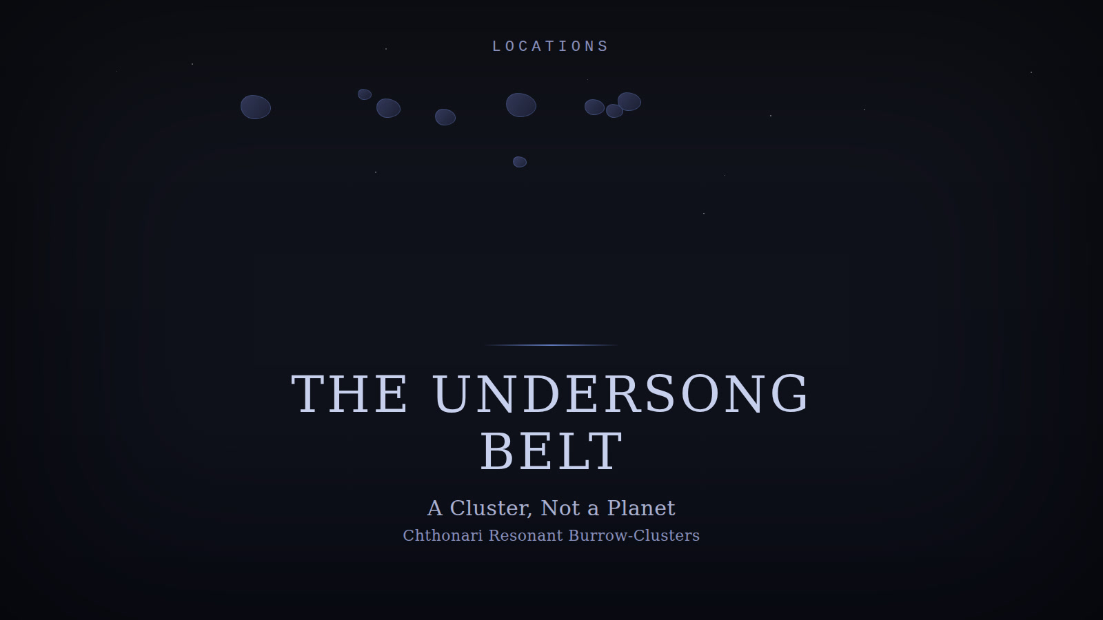 Designed cover for The Undersong Belt: a scattering of small asteroid-cluster shapes on a dark starfield background, not a single planet.