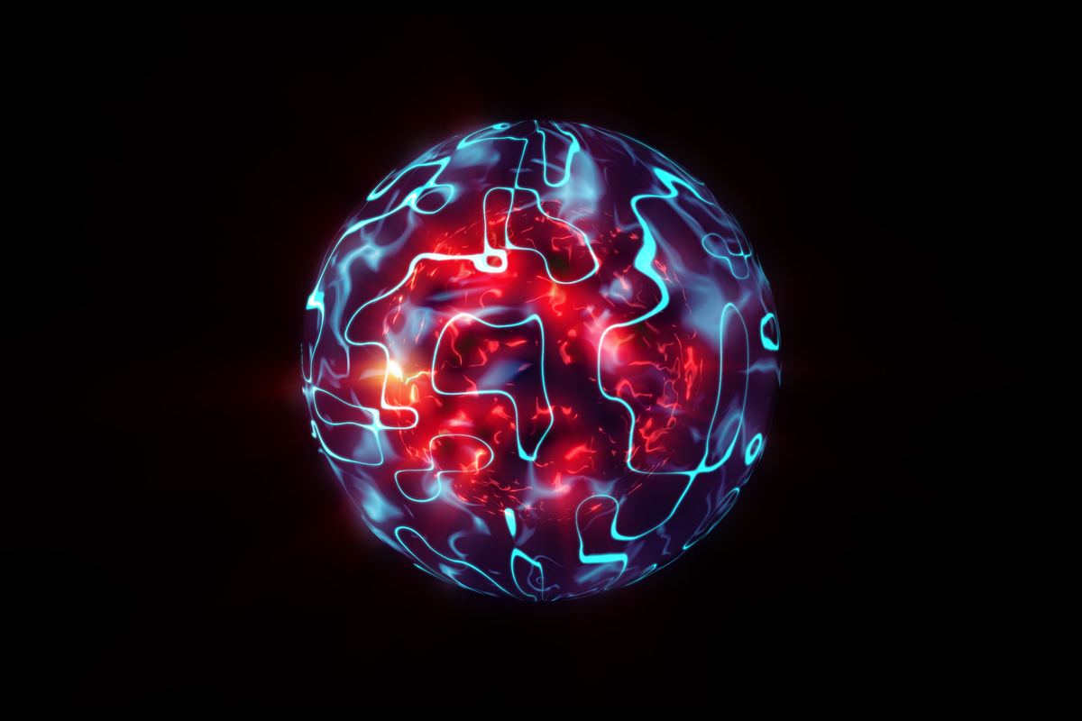 A glowing sphere isolated on black: a turbulent red and magenta interior seen through a translucent shell, with bright cyan lines tracing irregular closed loops across its surface like a cage laid over it.