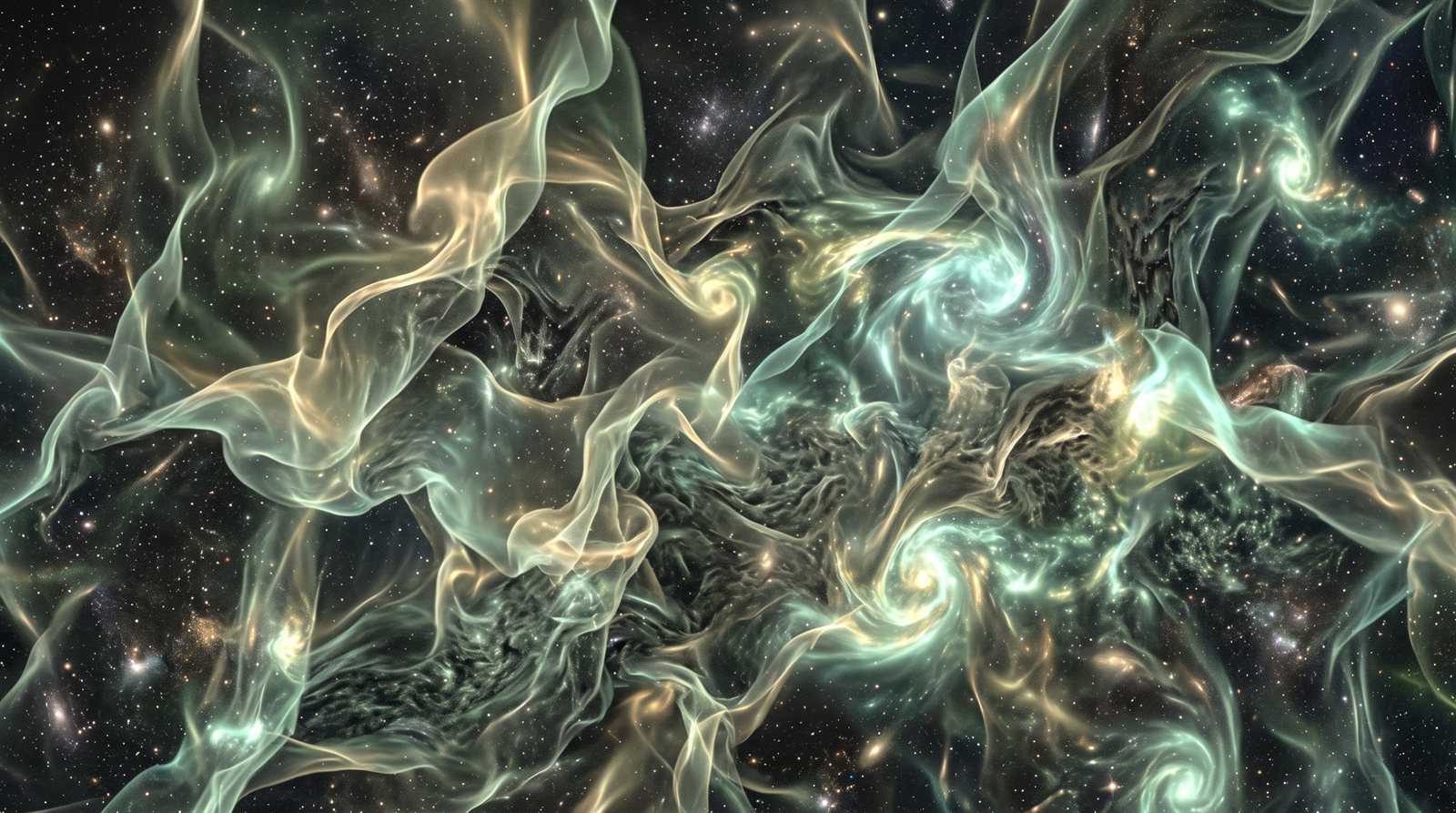 A turbulent green and gold field of translucent folds with no repeating structure, forming and collapsing into itself
