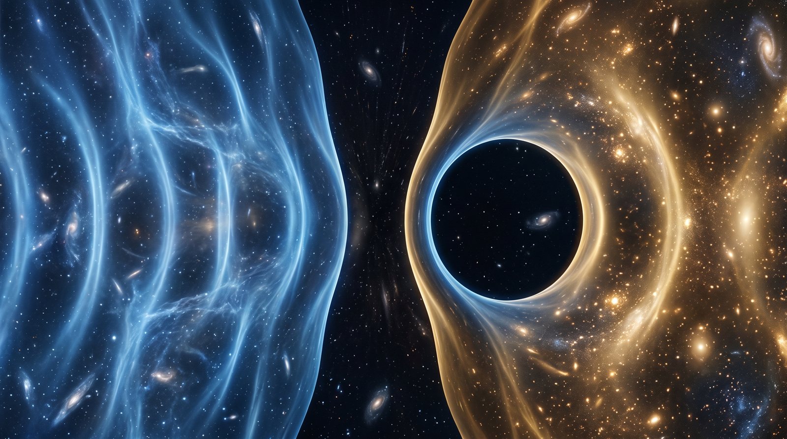 Regular blue wave-fronts on the left meeting a broad gold field on the right, with a dark circular aperture open at the boundary between them